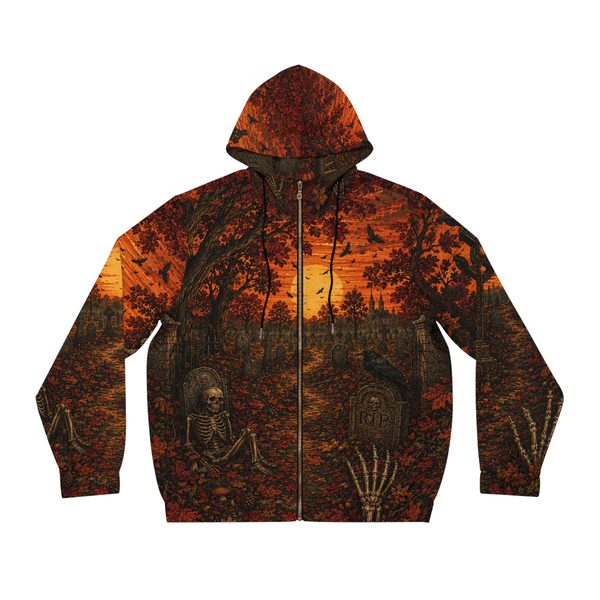 Autumn Sunset Graveyard Zip Hoodie, front view: skeleton against a tombstone, a raven and skeletal hands under an orange sunset