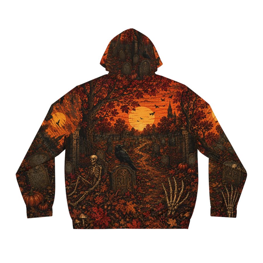 Autumn Sunset Graveyard Zip Hoodie, back view: path through iron gates toward a church spire with a skeleton, pumpkins and a raven