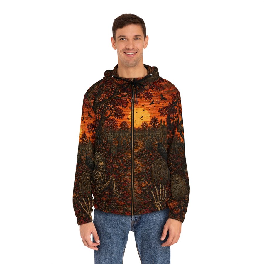 Autumn Sunset Graveyard Zip Hoodie, worn front view with the zipper and drawstrings