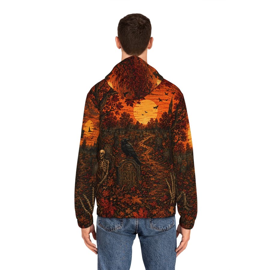 Autumn Sunset Graveyard Zip Hoodie, worn back view showing the full back print