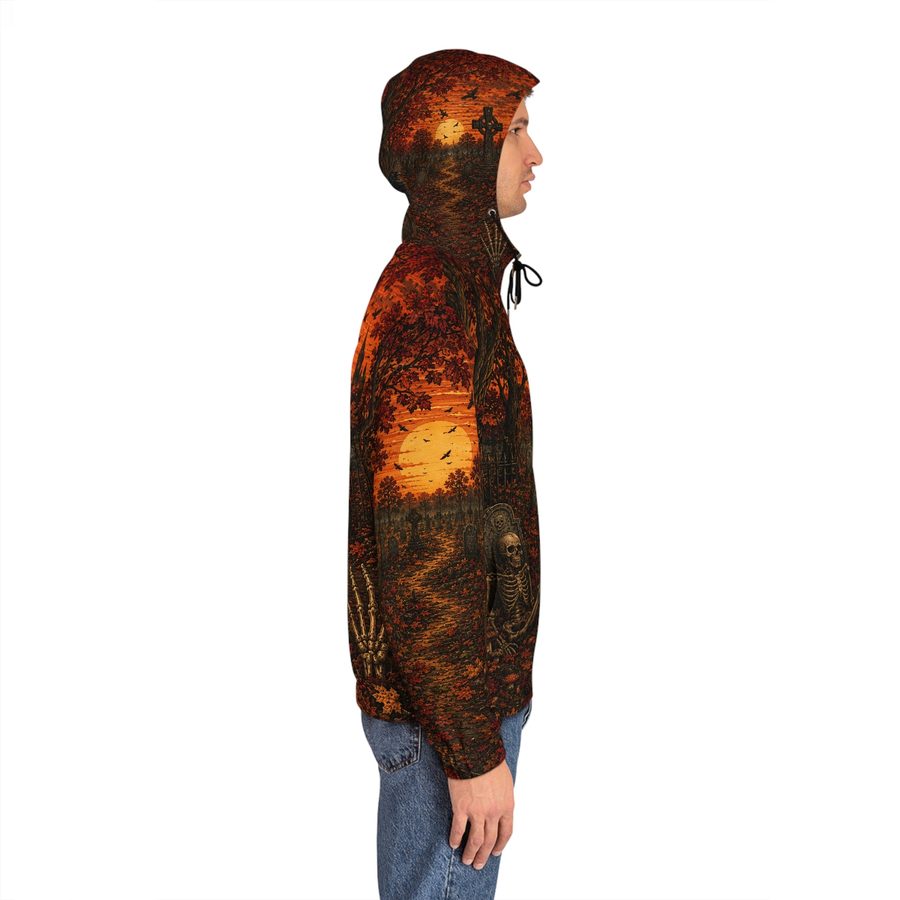 Autumn Sunset Graveyard Zip Hoodie, worn side view with the hood up, left