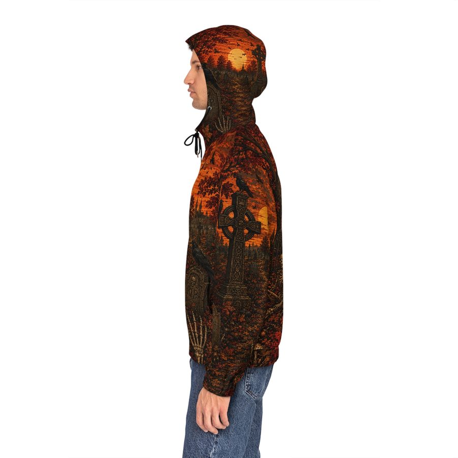 Autumn Sunset Graveyard Zip Hoodie, worn side view with the hood up, right