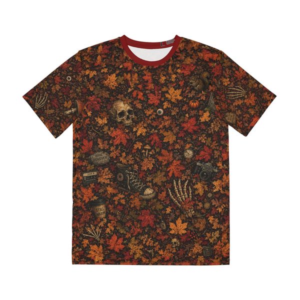 Autumn Sunset Skull Tee, front view: red and orange autumn leaf collage hiding skulls, skeletal hands and a pumpkin