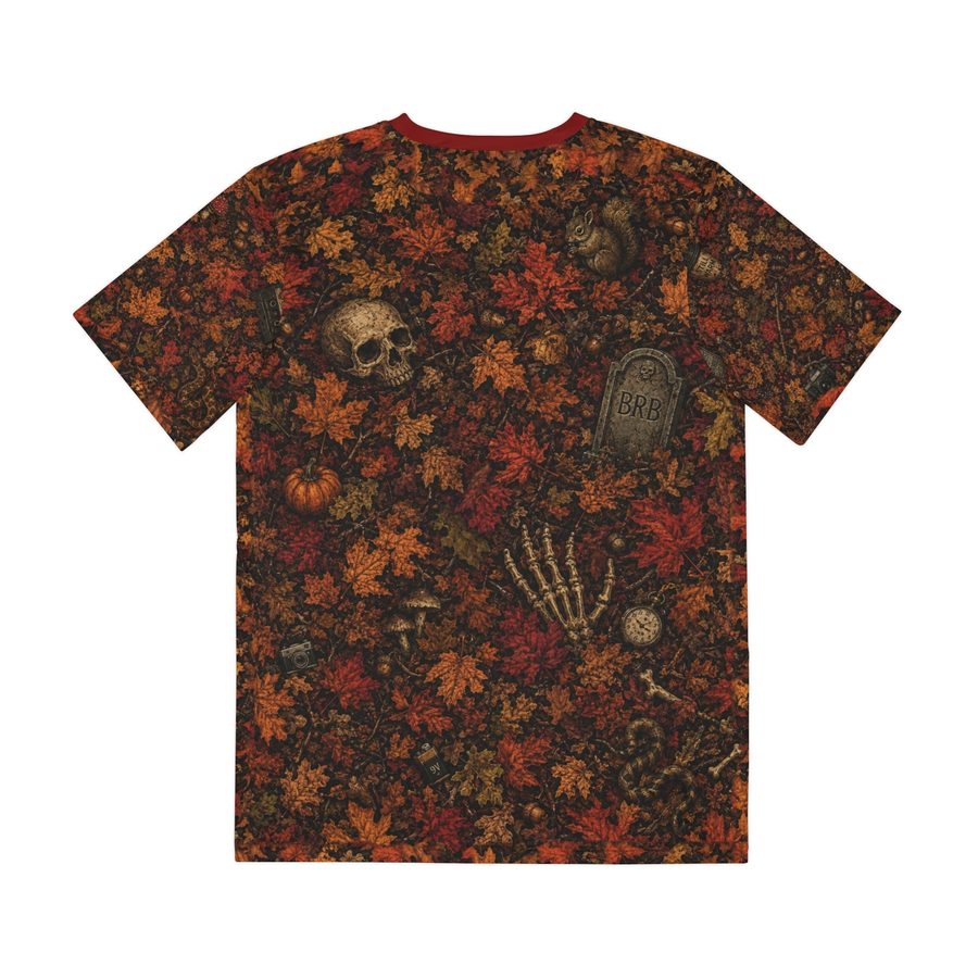 Autumn Sunset Skull Tee, back view: autumn leaves with skulls, mushrooms, a camera and a squirrel