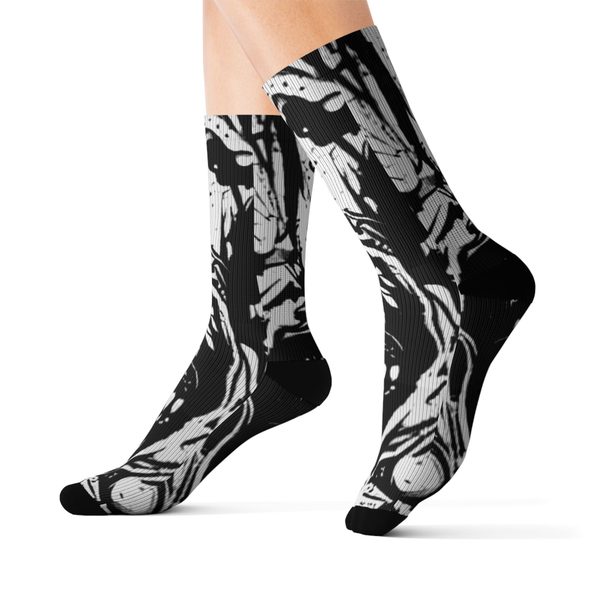 Zombie Scream Crew Socks, worn side view: black and white halftone screaming zombie face