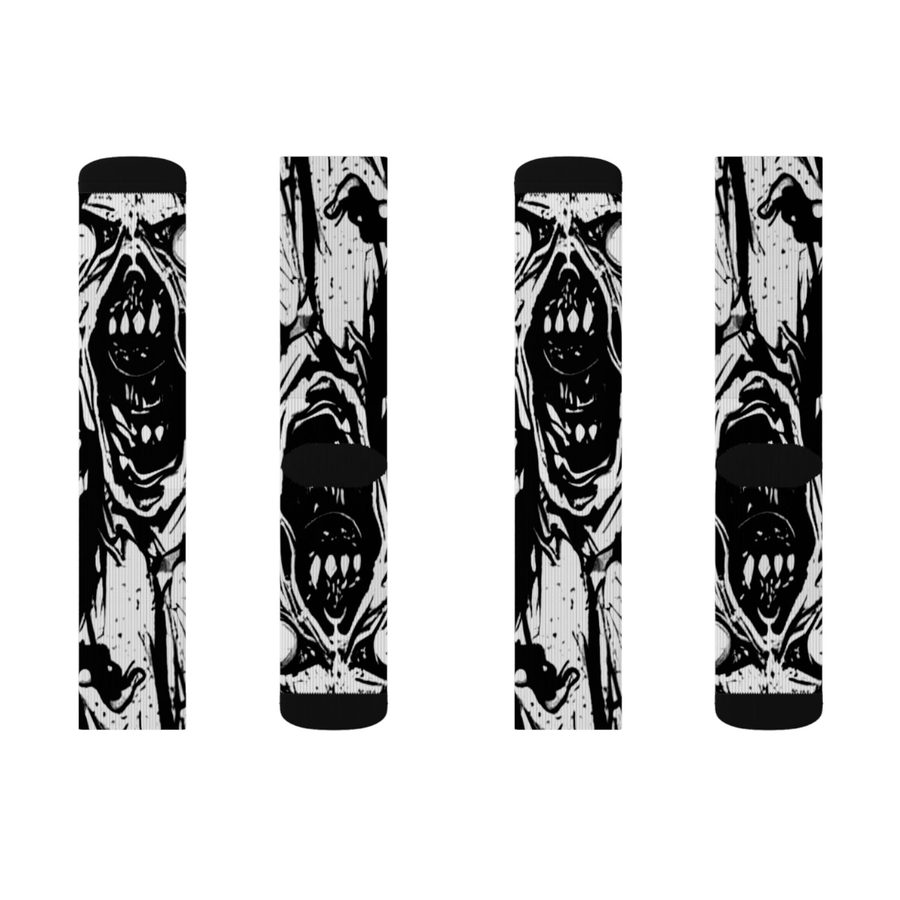 Zombie Scream Crew Socks, flat lay: front and back of both socks