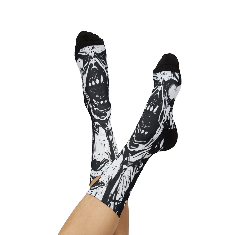 Zombie Scream Crew Socks, worn on a model, ankle view