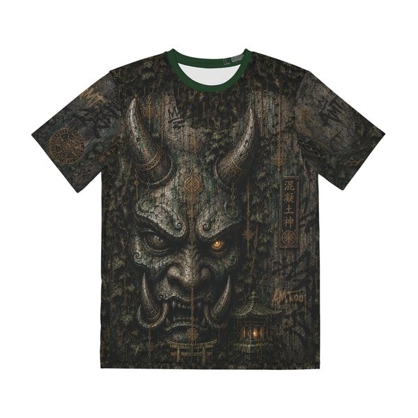 Concrete God Oni Tee, front view: carved stone oni mask with horns and amber eyes, ivy, a lantern shrine and kanji