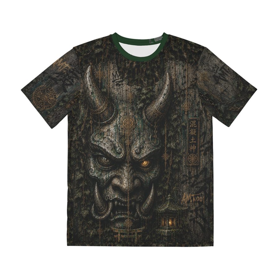 Concrete God Oni Tee, front view: carved stone oni mask with horns and amber eyes, ivy, a lantern shrine and kanji