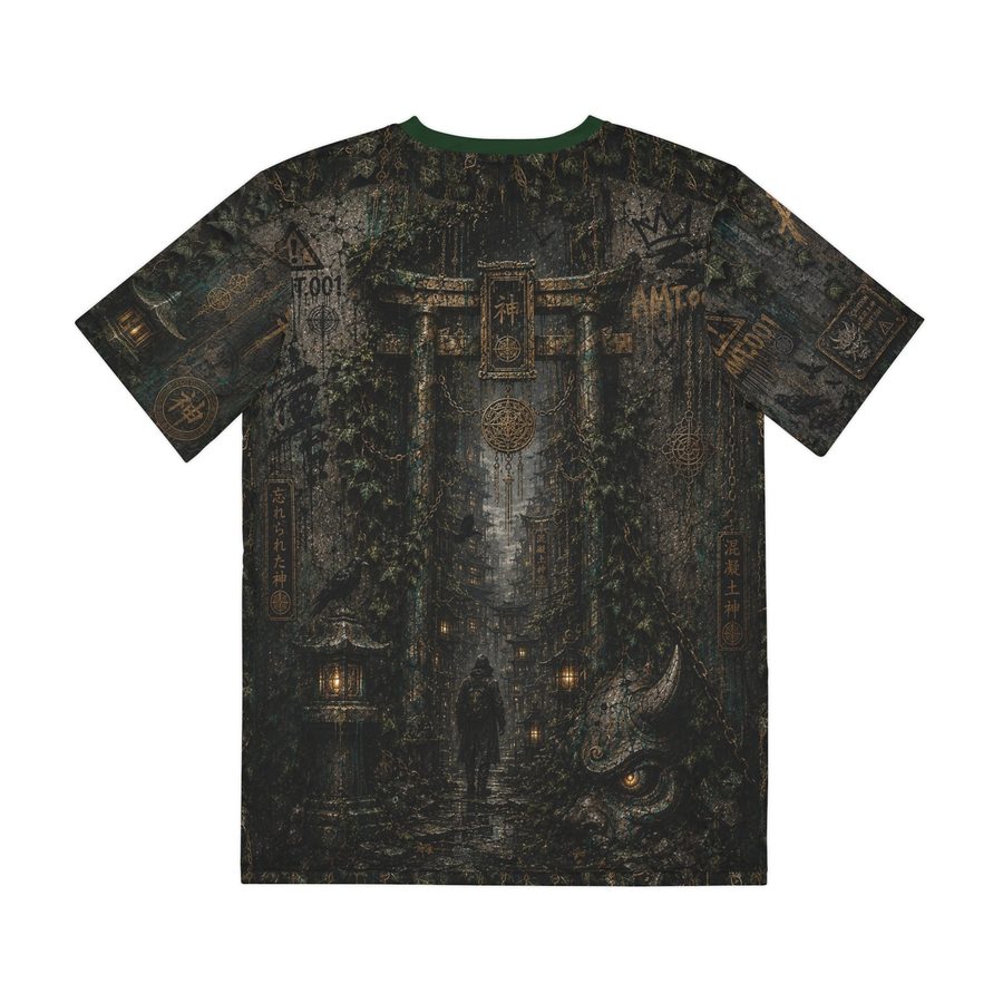 Concrete God Oni Tee, back view: hooded figure walking toward a torii gate past stone lanterns, an oni face in the corner