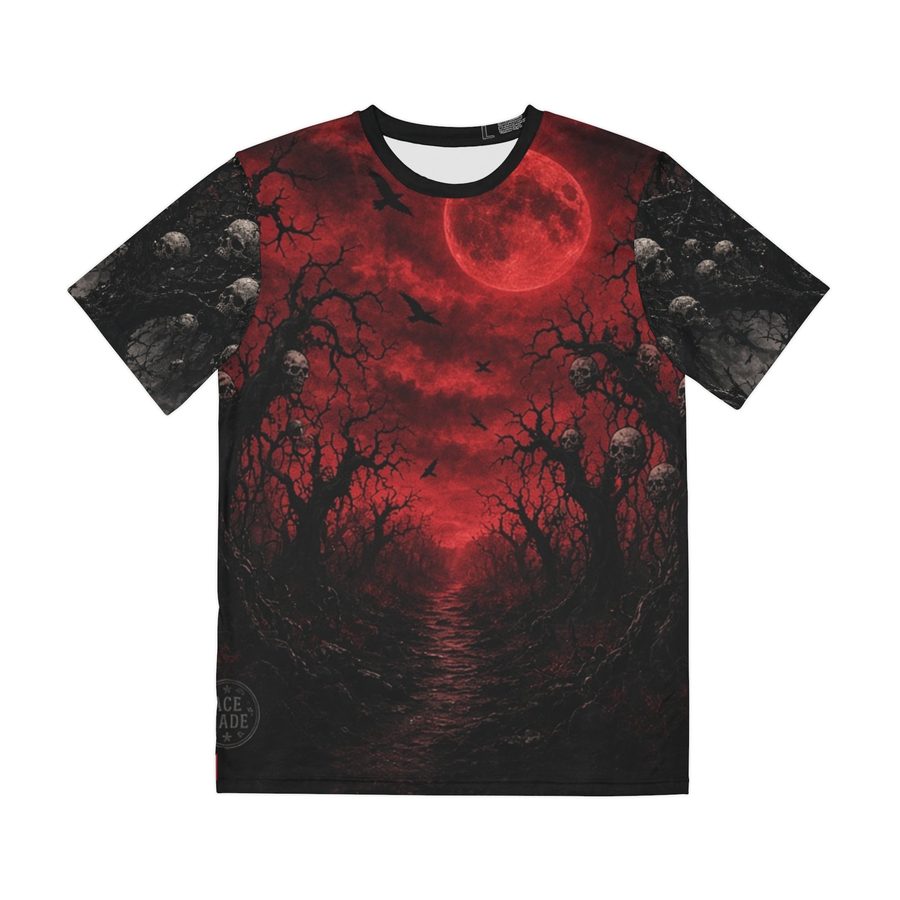 Crimson Sky Tee, front view: blood moon over a path of twisted dead trees with crows and skulls in the branches