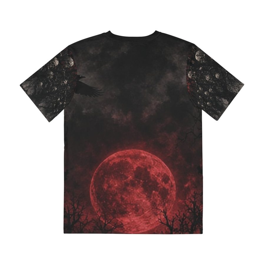 Crimson Sky Tee, back view: huge red moon under a smoky black sky, with skull branches on the sleeves