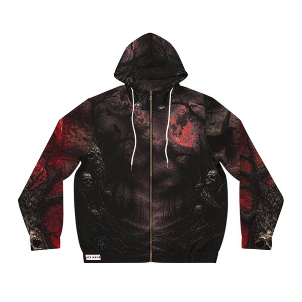 Crimson Sky Zip Hoodie, front view: dark forest path lined with skull trees and a blood moon on the chest