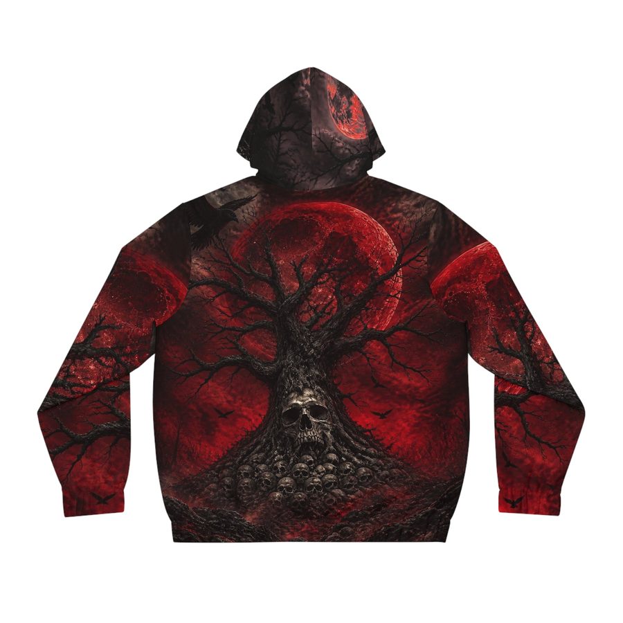 Crimson Sky Zip Hoodie, back view: giant dead tree rising from a mound of skulls in front of a huge red moon