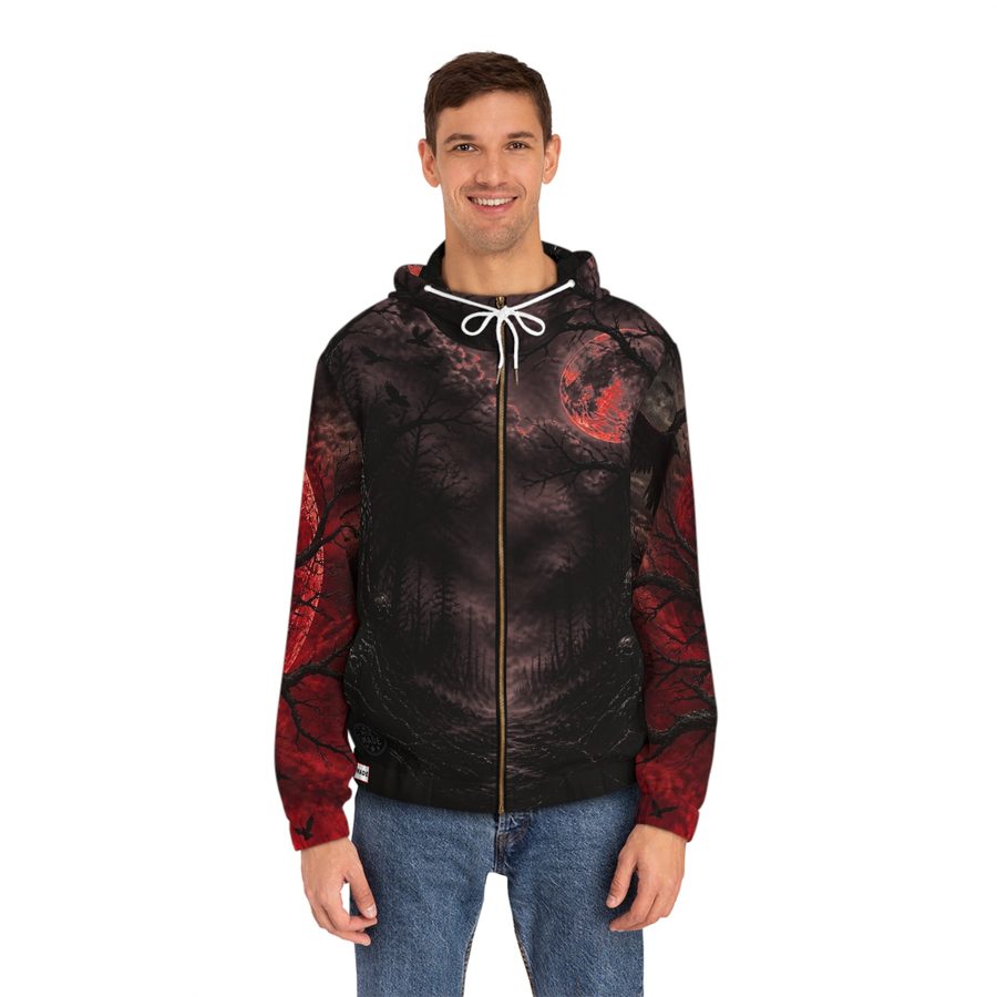 Crimson Sky Zip Hoodie, worn front view with white drawstrings and gold zipper