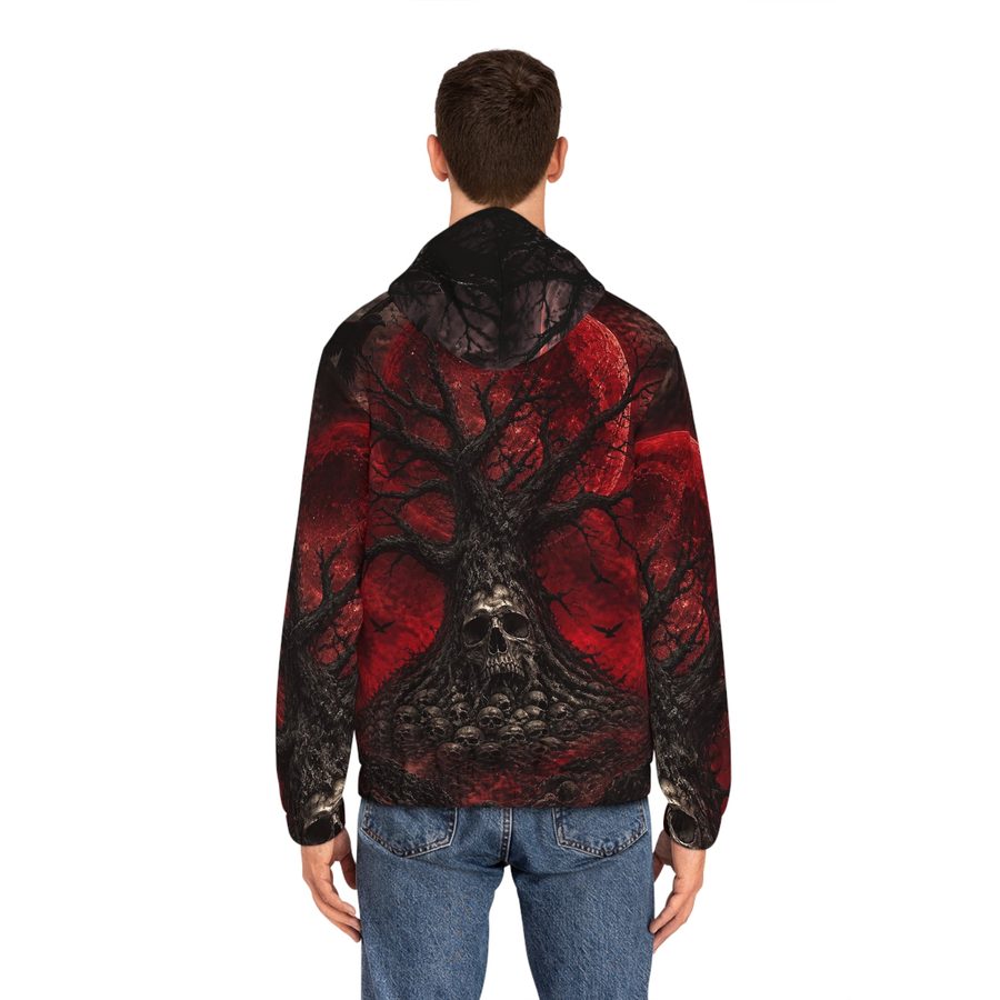 Crimson Sky Zip Hoodie, worn back view showing the skull tree and red moon art