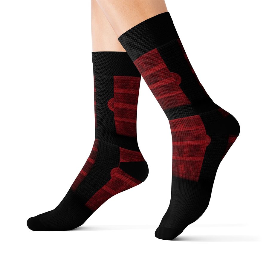Crimson Sky's Crew Socks, worn front angle showing the red striped panels and black toes