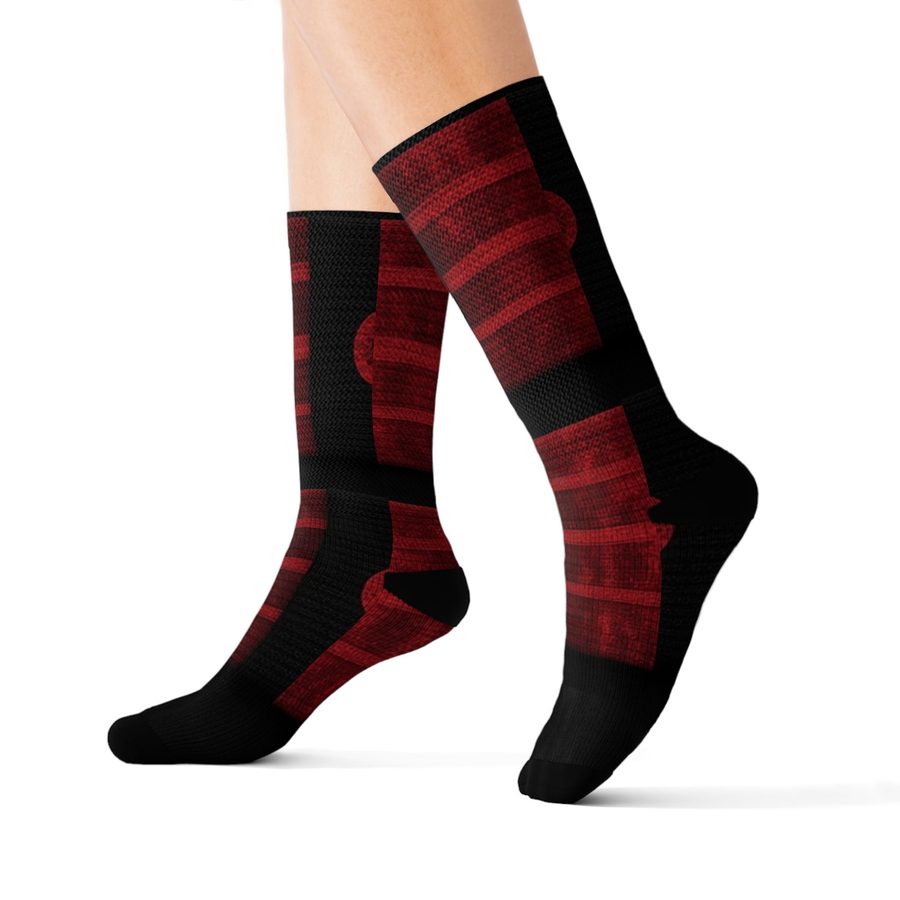 Crimson Sky's Crew Socks, worn side angle showing the black heel and red stripes