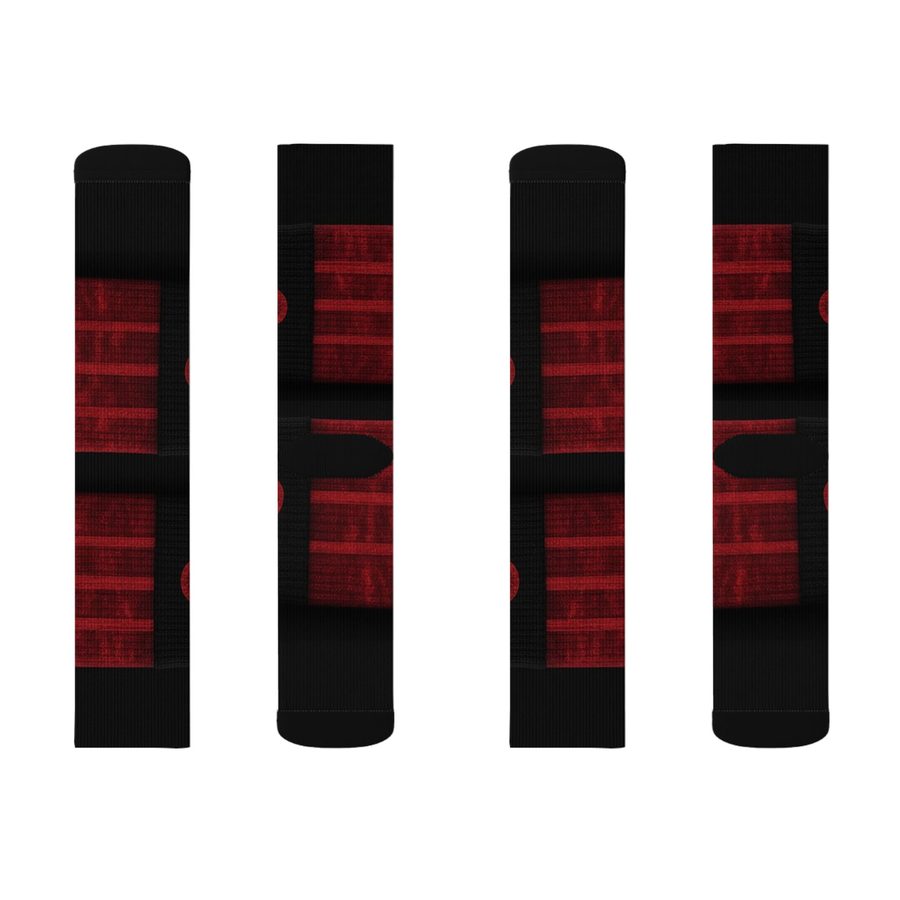 Crimson Sky's Crew Socks, size S flat lay: front and back of both socks