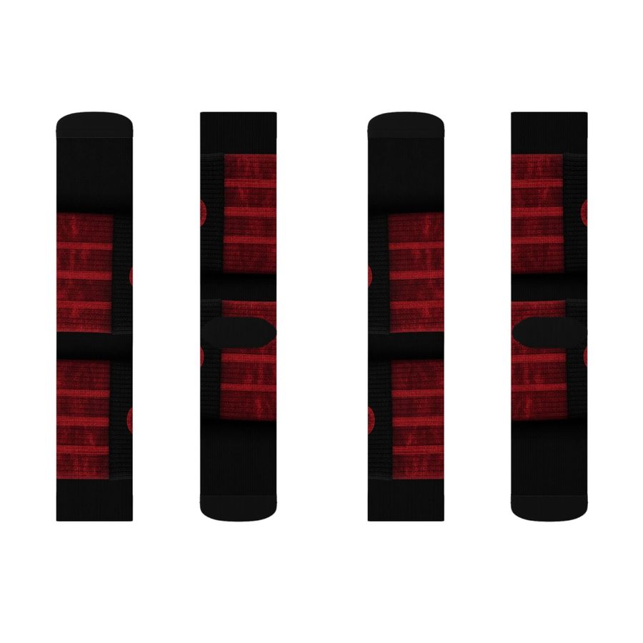 Crimson Sky's Crew Socks, size M flat lay: front and back of both socks