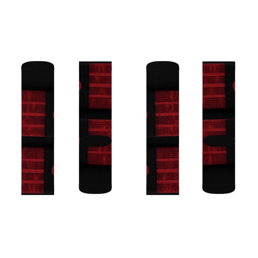 Crimson Sky's Crew Socks, size L flat lay: front and back of both socks