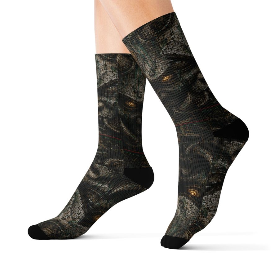 Concrete God Oni Crew Socks, worn side view: carved stone oni faces with horns and amber eyes