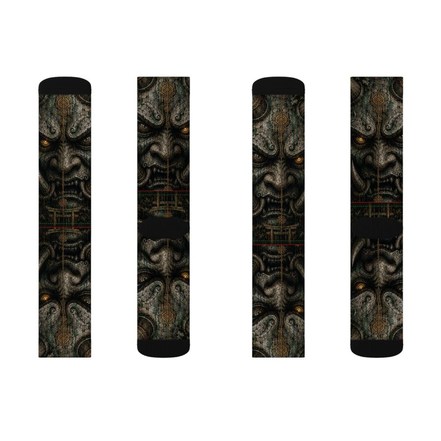 Concrete God Oni Crew Socks, flat lay: front and back of both socks