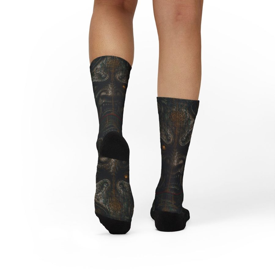 Concrete God Oni Crew Socks, worn on a model, full leg view