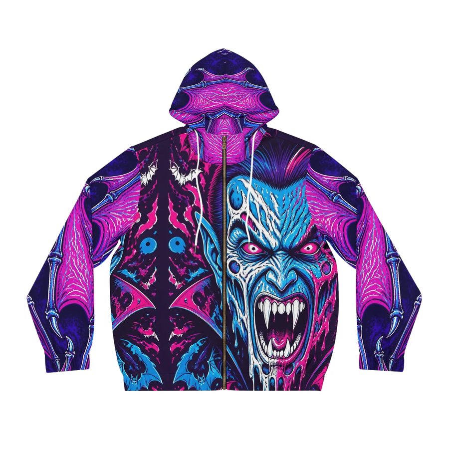 Dracula Blacklight Zip Hoodie, front view: melting, snarling neon Dracula