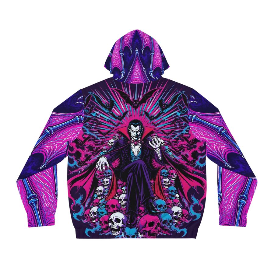 Dracula Blacklight Zip Hoodie, back view: the Count on a throne of skulls