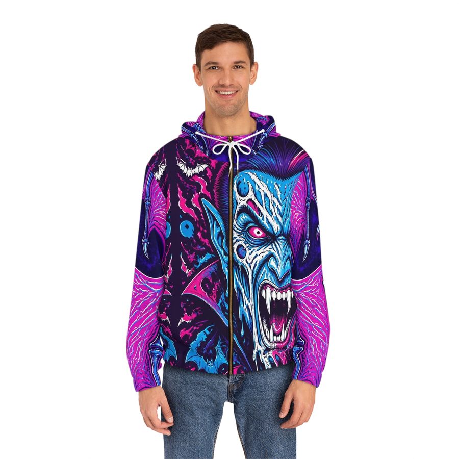 Dracula Blacklight Zip Hoodie, worn front view with the zipper and drawstrings