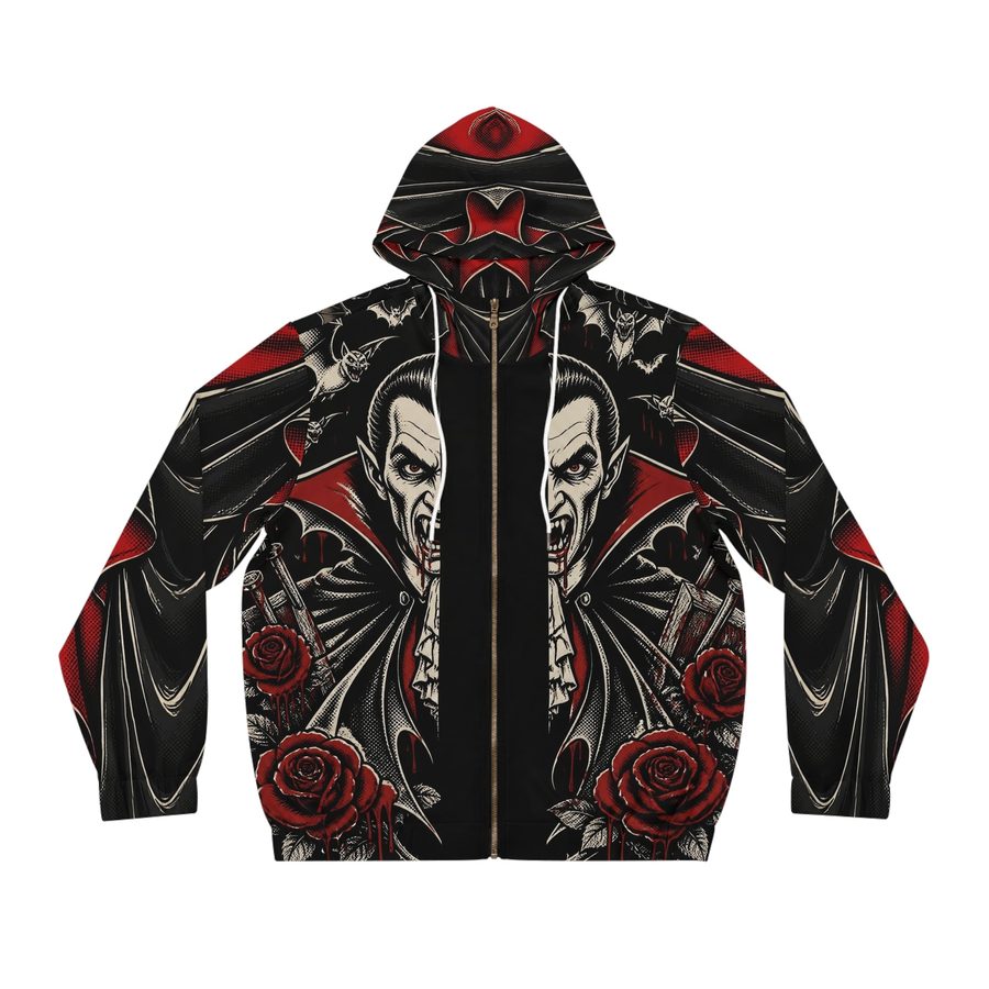 Dracula Tattoo Flash Zip Hoodie, front view: twin snarling vampires with blood red roses, bats and daggers