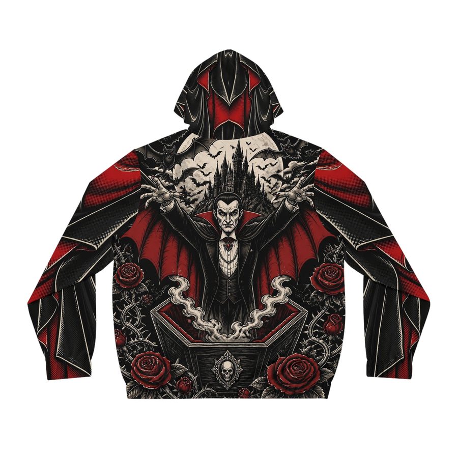 Dracula Tattoo Flash Zip Hoodie, back view: the Count rising from his coffin