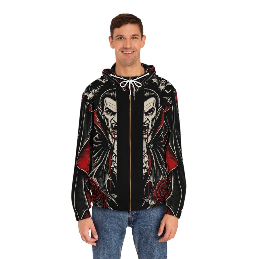 Dracula Tattoo Flash Zip Hoodie, worn front view with the zipper and drawstrings