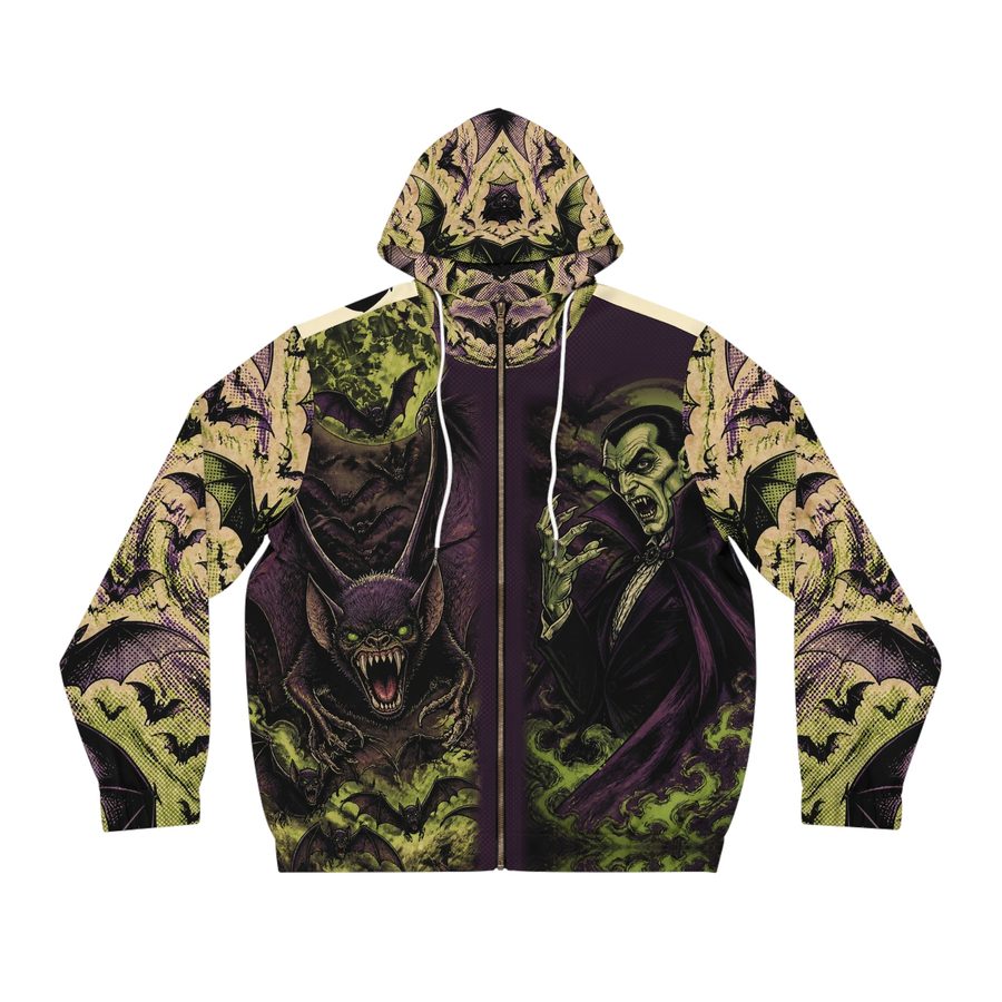 Dracula Pulp Comic Zip Hoodie, front view: a giant bat diving under a green moon beside the snarling Count, in heavy ink and halftone dots
