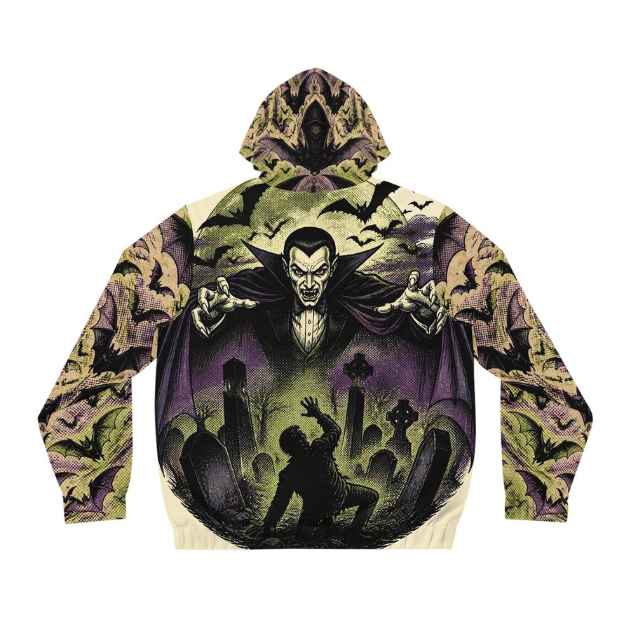 Dracula Pulp Comic Zip Hoodie, back view: the Count looming over a moonlit graveyard as a man flees