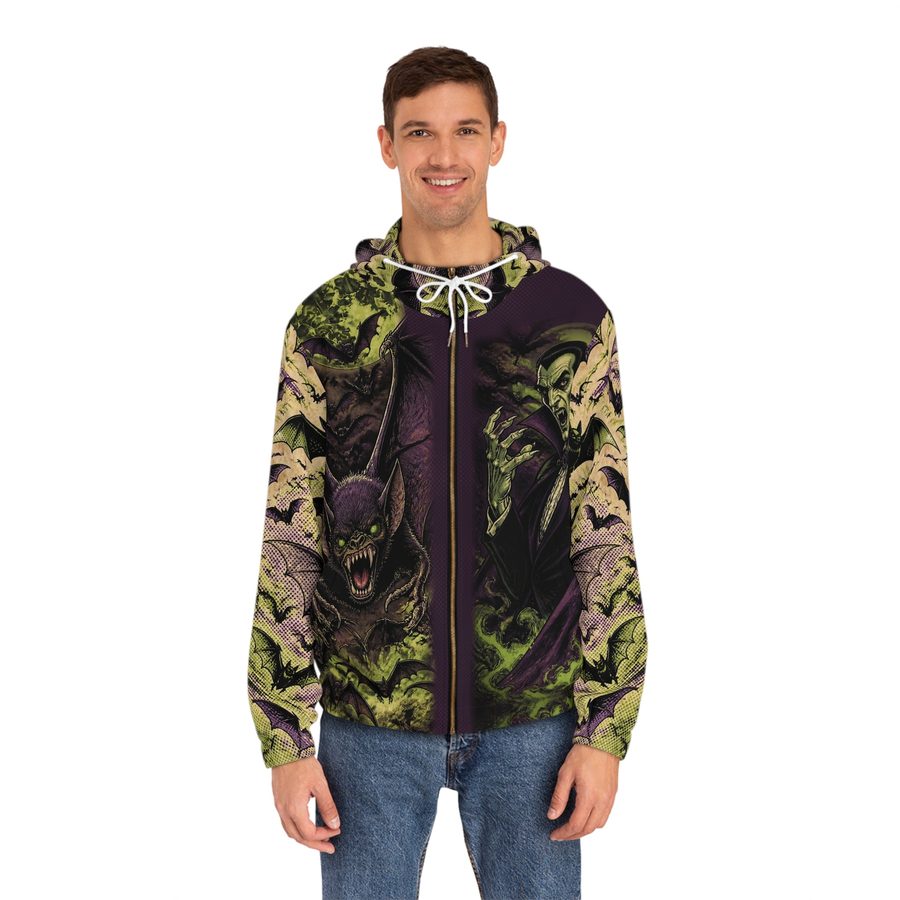Dracula Pulp Comic Zip Hoodie, worn front view with the zipper and drawstrings