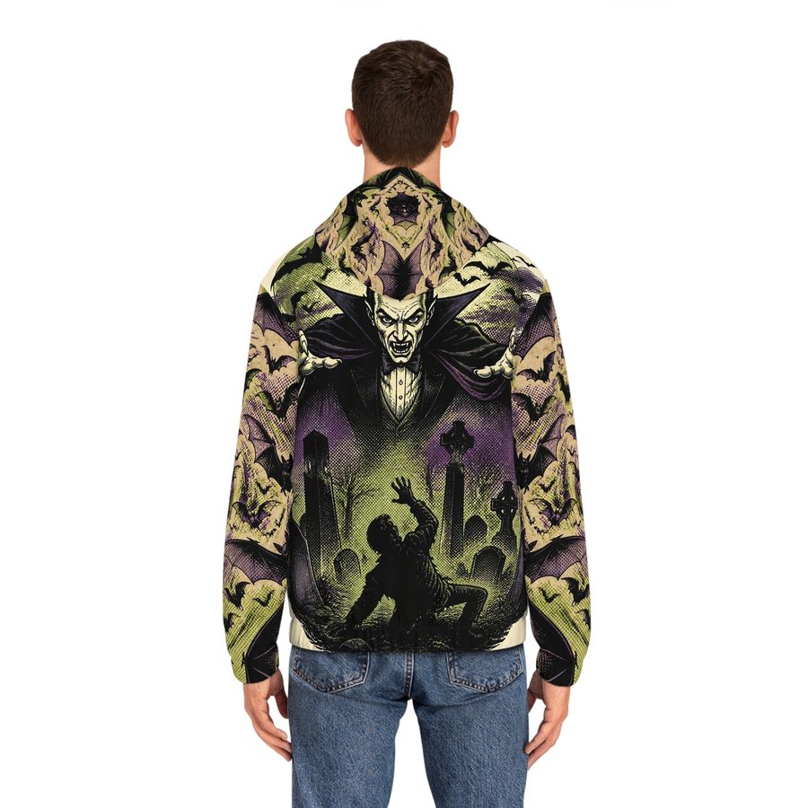 Dracula Pulp Comic Zip Hoodie, worn back view showing the full back print