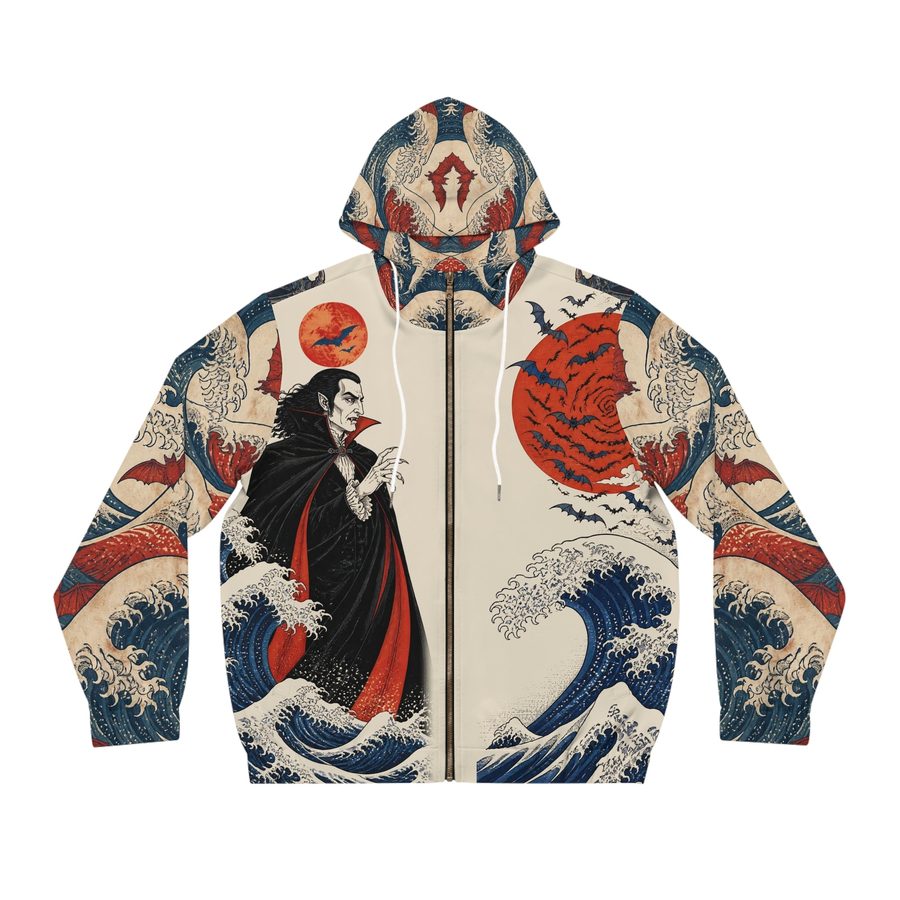 Dracula Woodblock Zip Hoodie, front view: Dracula beside a red moon, a spiral of bats and a great wave