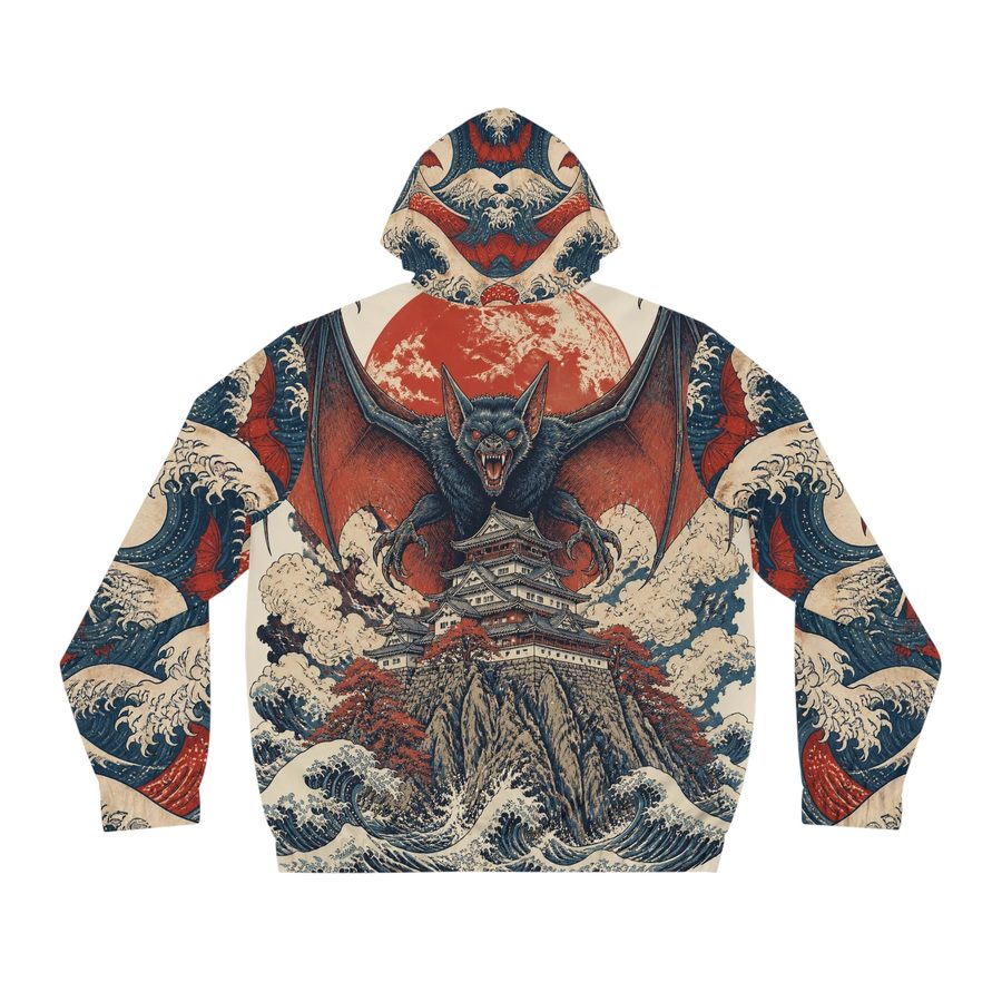 Dracula Woodblock Zip Hoodie, back view: giant bat demon spreading its wings over a castle