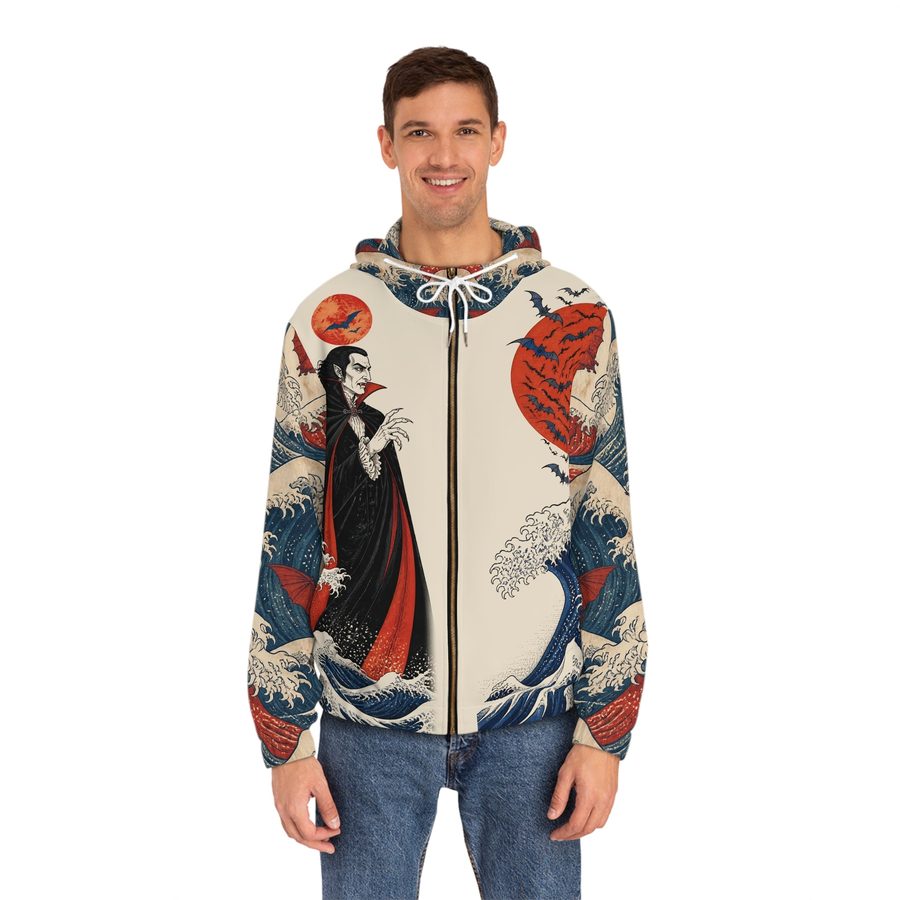 Dracula Woodblock Zip Hoodie, worn front view with the zipper and drawstrings