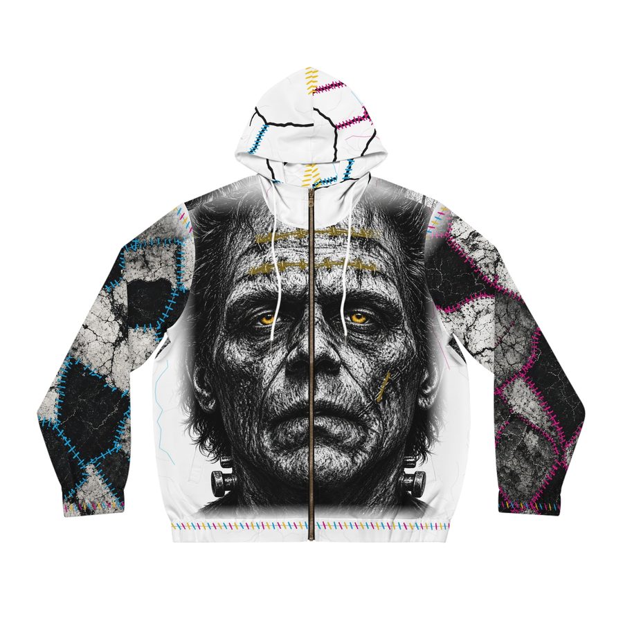 Frankenstein Zip Hoodie, front view: the monster with yellow stitches and yellow eyes split by the zipper