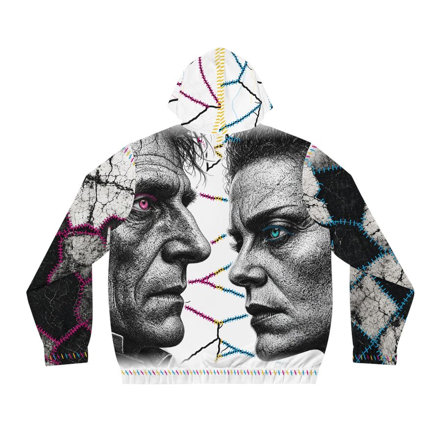 Frankenstein Zip Hoodie, back view: the Doctor and his Bride face to face with a stitched crack between them