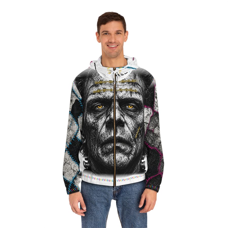 Frankenstein Zip Hoodie, worn front view with the zipper and drawstrings