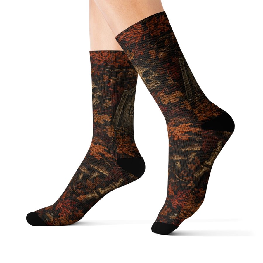 Autumn Sunset Tombstone Crew Socks, worn front angle
