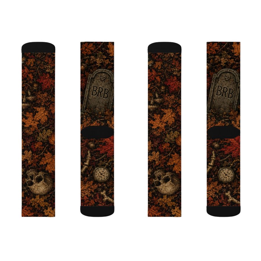 Autumn Sunset Tombstone Crew Socks, flat lay: front and back of both socks