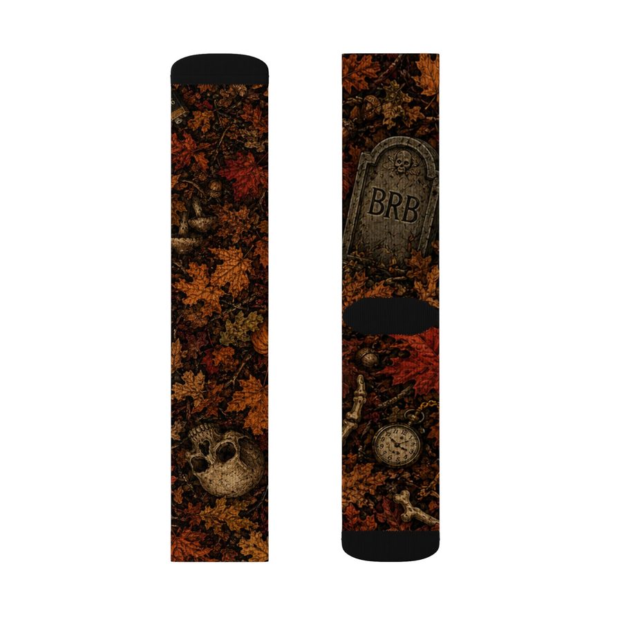 Autumn Sunset Tombstone Crew Socks, flat lay: pair, inner side