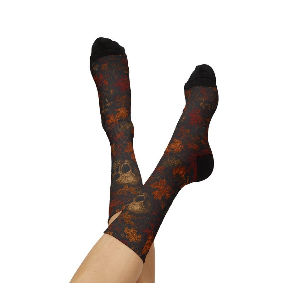 Autumn Sunset Tombstone Crew Socks, worn on a model, lifestyle view