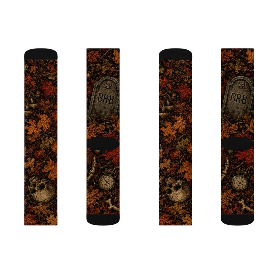 Autumn Sunset Tombstone Crew Socks, flat lay: front and back of both socks