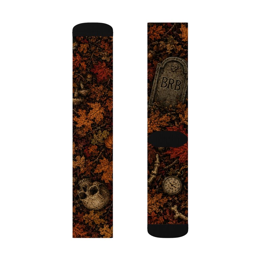 Autumn Sunset Tombstone Crew Socks, flat lay: pair, outer side